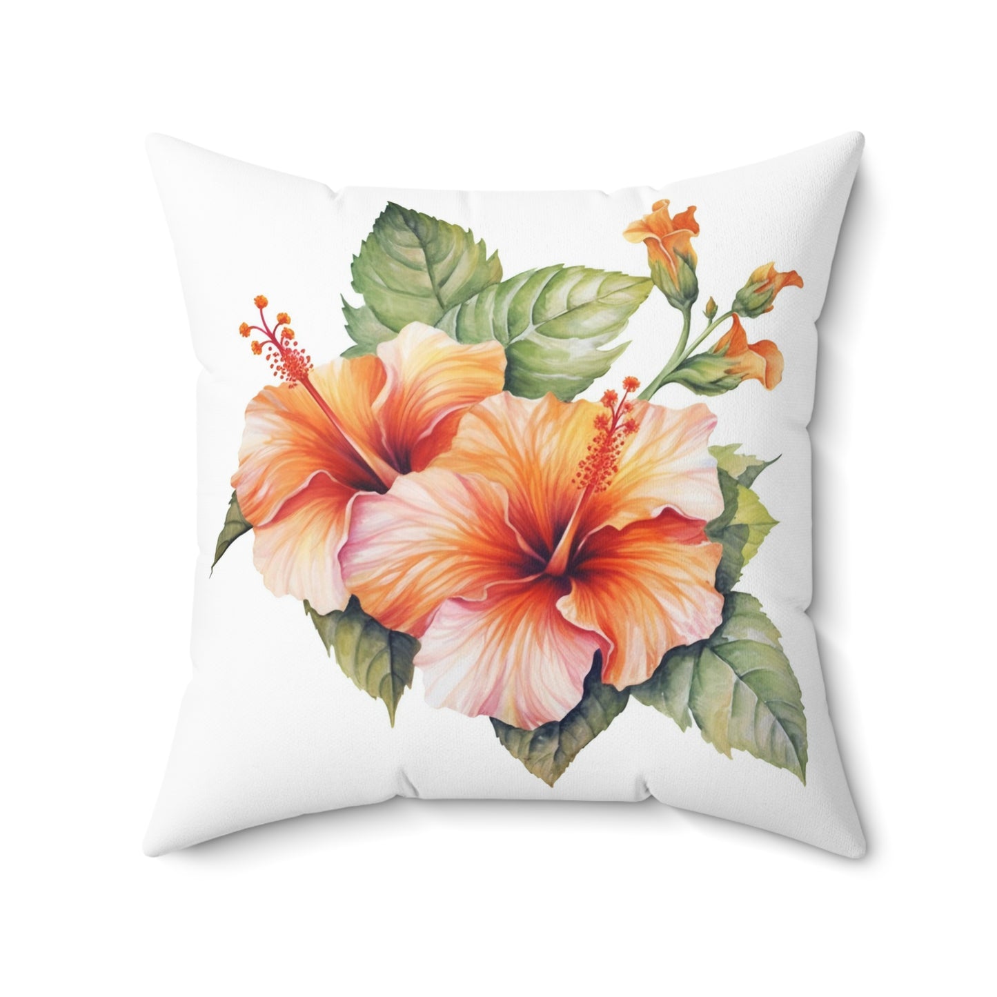 Hibiscus Throw Pillow, Watercolor Hibiscus Decorative Pillow, Square Flower Cushion, Double Sided Orange Accent Pillow, Concealed Zipper