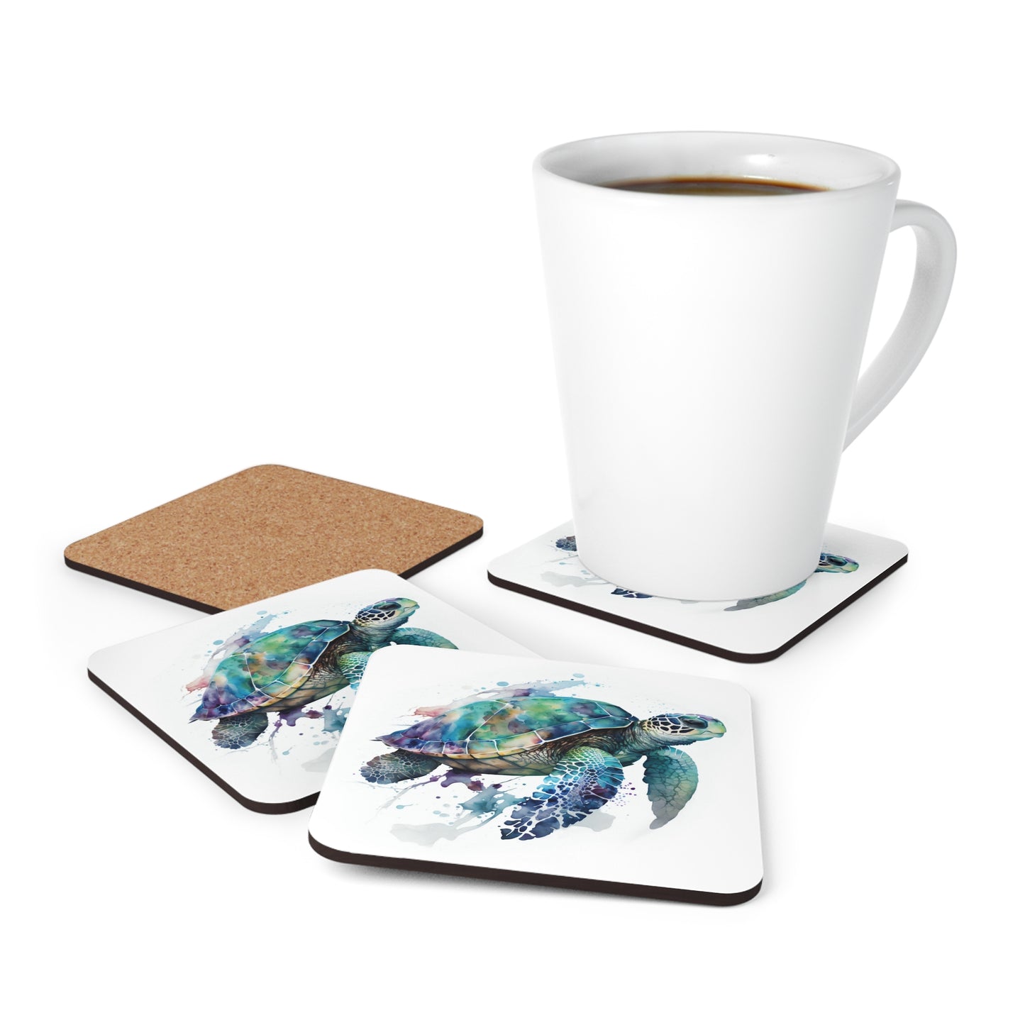 Watercolor Sea Turtle Coaster Set of 4, Coffee Table Decor, Square Coasters, Drink Coaster, MDF Top, Cork Bottom, Housewarming Gift