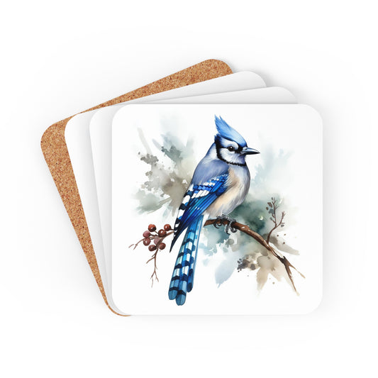 Watercolor Blue Jay Coaster Set of 4, Coffee Table Decor, Square Bird Coasters, Drink Coaster, MDF Top, Cork Bottom, Housewarming Gift