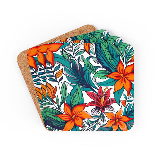 Vibrant Floral Coaster Set of 4, Tropical Coasters, Hawaiian Coasters, Coffee Table Decor, Drink Coaster, Cork Bottom, Housewarming Gift