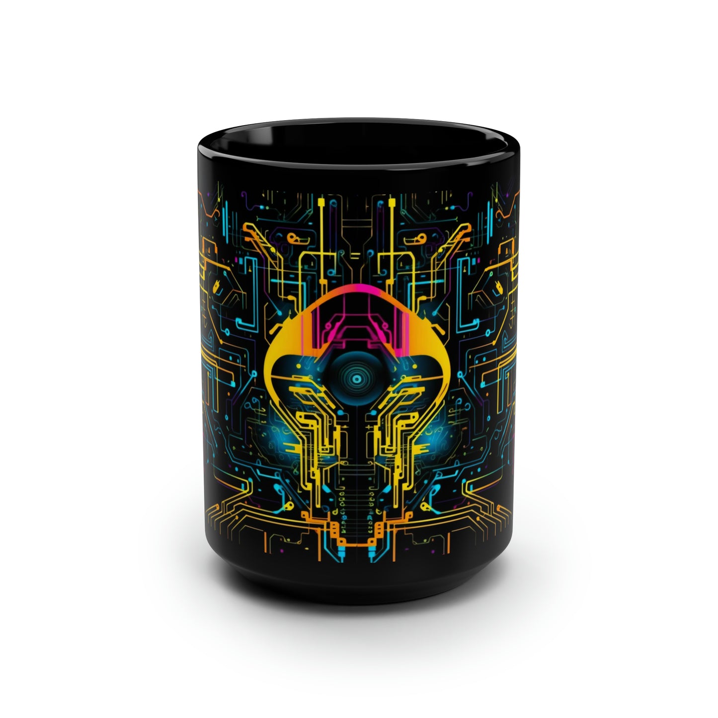 Cyberpunk Mug, Yellow Blue and Pink Circuit Board Ceramic Mug 15oz, Robotic Computer Gamer Mug, Tech Coffee Cup, Sci-Fi Tea Mug