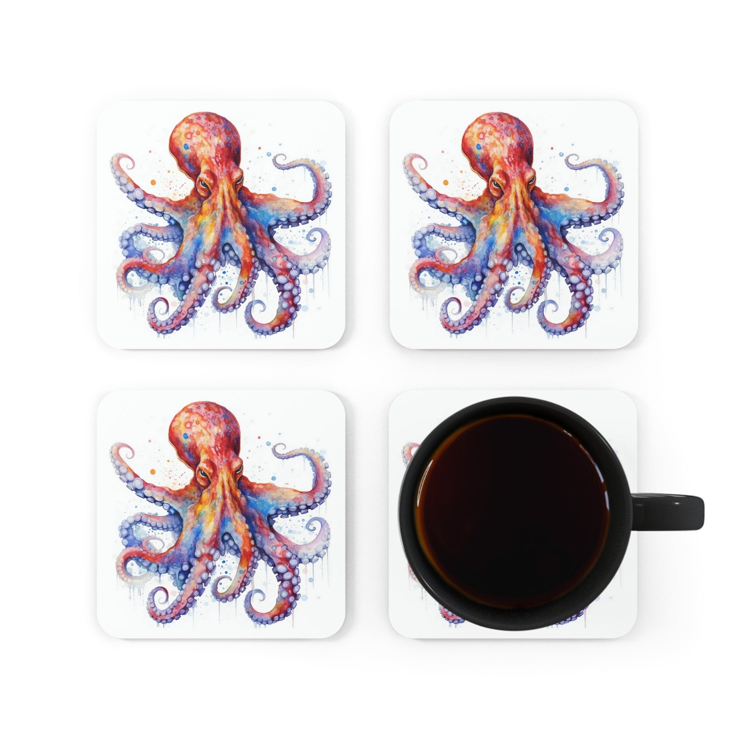 Watercolor Octopus Coaster Set of 4, Nautical Coasters, Sea Animal Coasters, Coffee Table Decor, Square Coasters, Drink Coaster, Cork Bottom