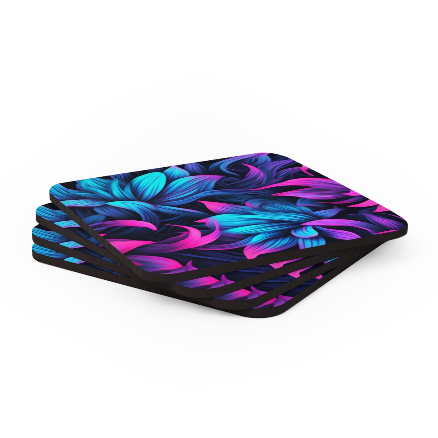 Synthwave Flowers Coaster Set of 4, Vaporwave Retro 80s Floral Coffee Cup Mats, Neon Pink Blue Coffee Table Decor, Groovy Vibrant Coasters