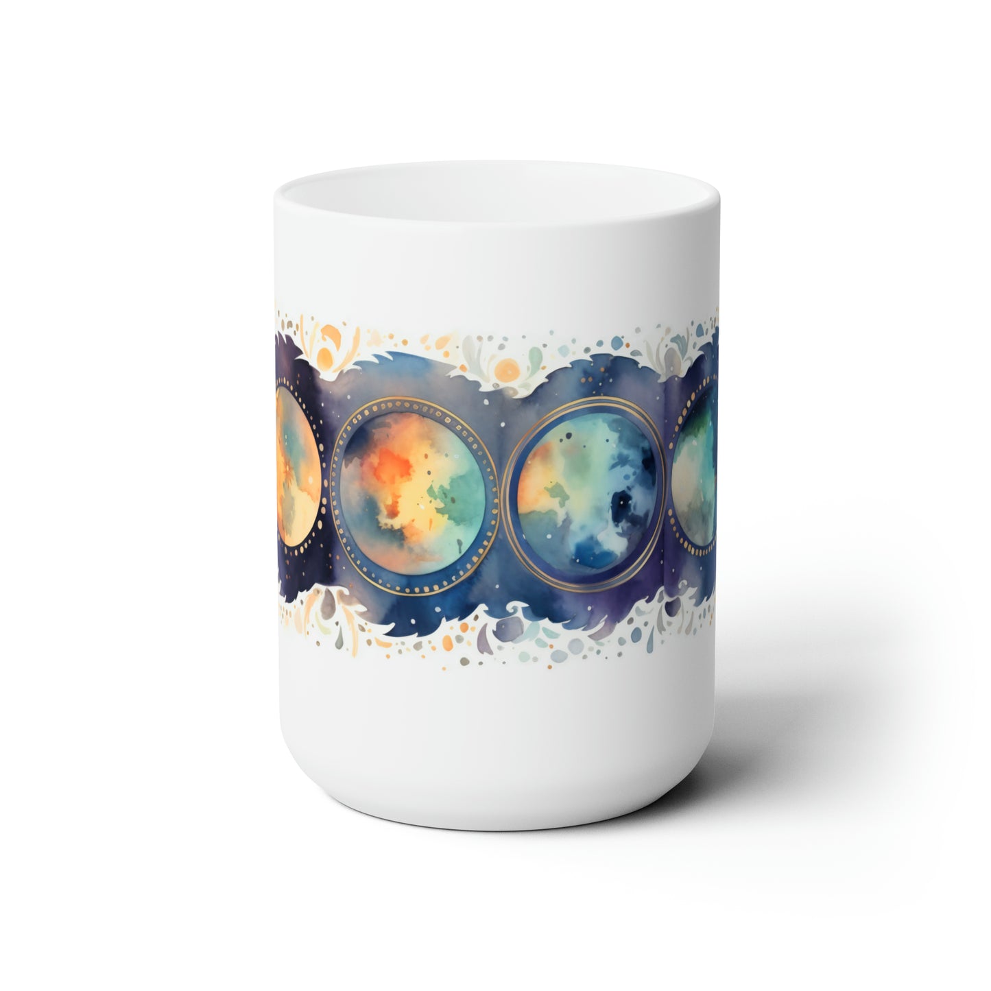 Watercolor Moons Mug, Celestial Moon Motifs Ceramic Mug 15oz, Moon Phases Coffee Cup, Moon Tea Mug
