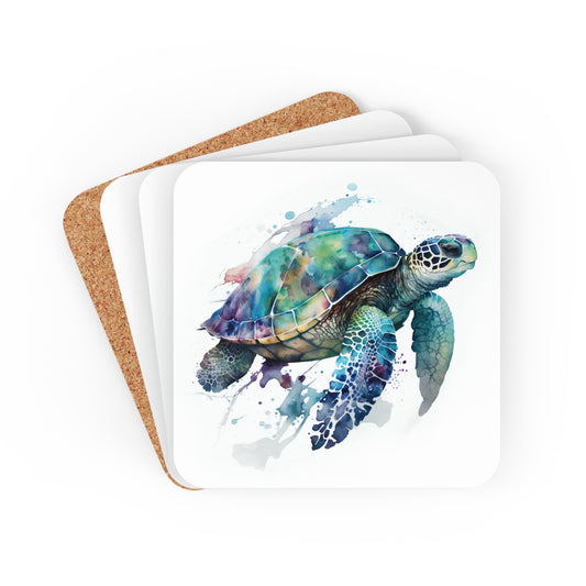 Watercolor Sea Turtle Coaster Set of 4, Coffee Table Decor, Square Coasters, Drink Coaster, MDF Top, Cork Bottom, Housewarming Gift