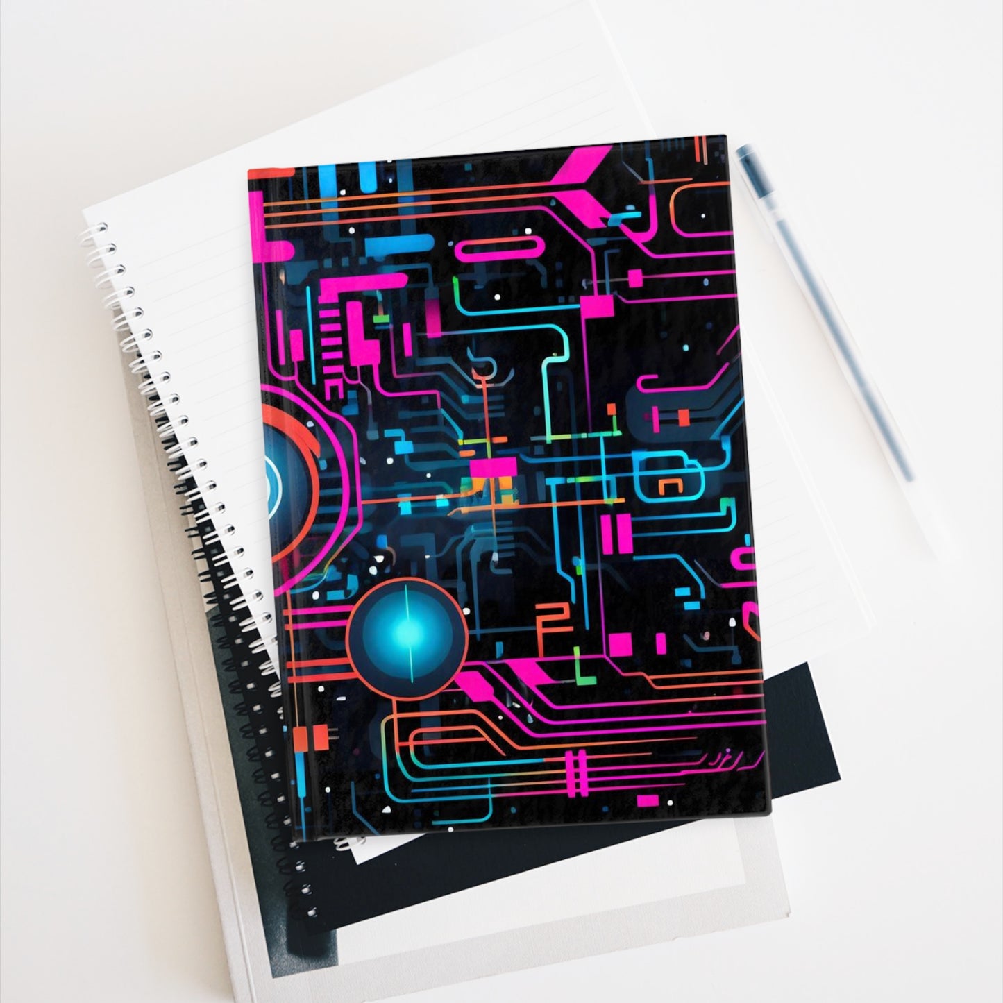 Cyberpunk Circuit Board Journal, Pink Blue and Black Sci-Fi Diary, Computer Engineer Journal, Techy Ruled Line, Hard Cover Notebook