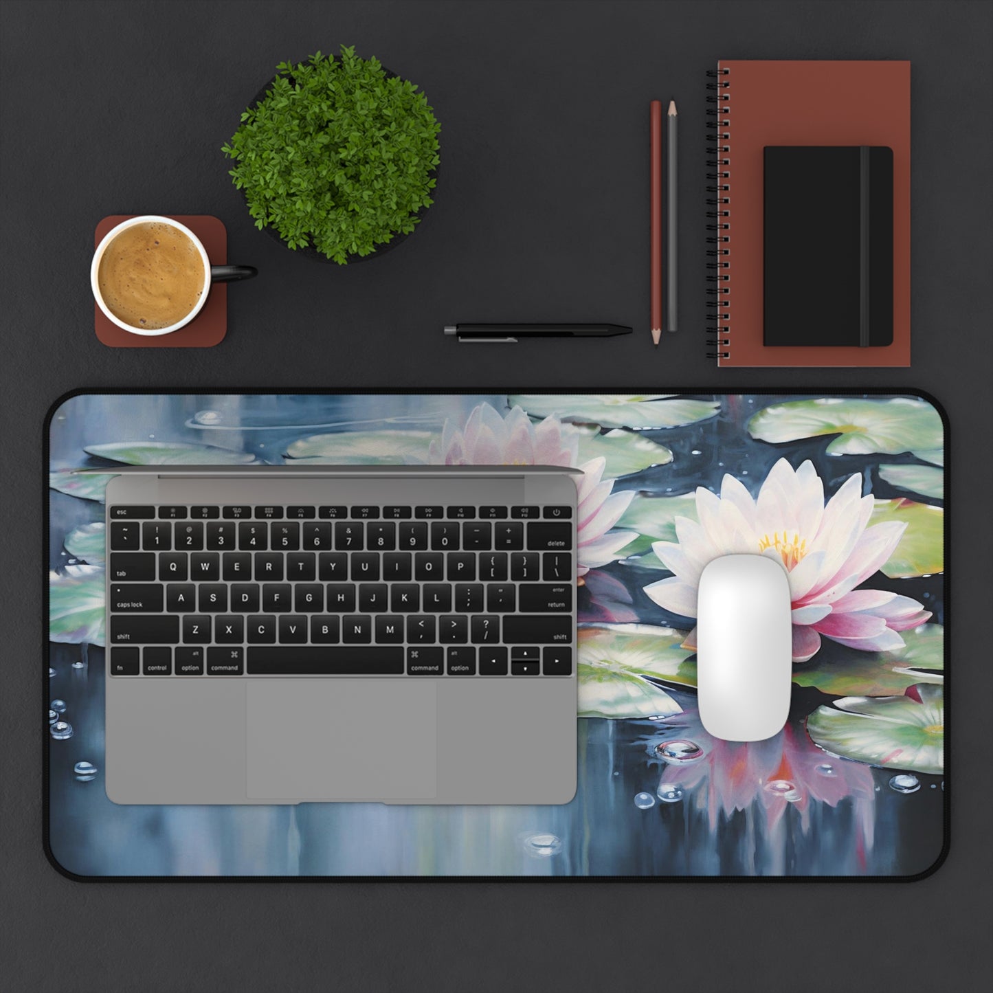 Water Lilies Desk Mat, Lily Pads Desk Pad, Lotus Flowers Keyboard Mat, Pond Water Lily Mouse Pad, Serene Workspace, Desk Accessory