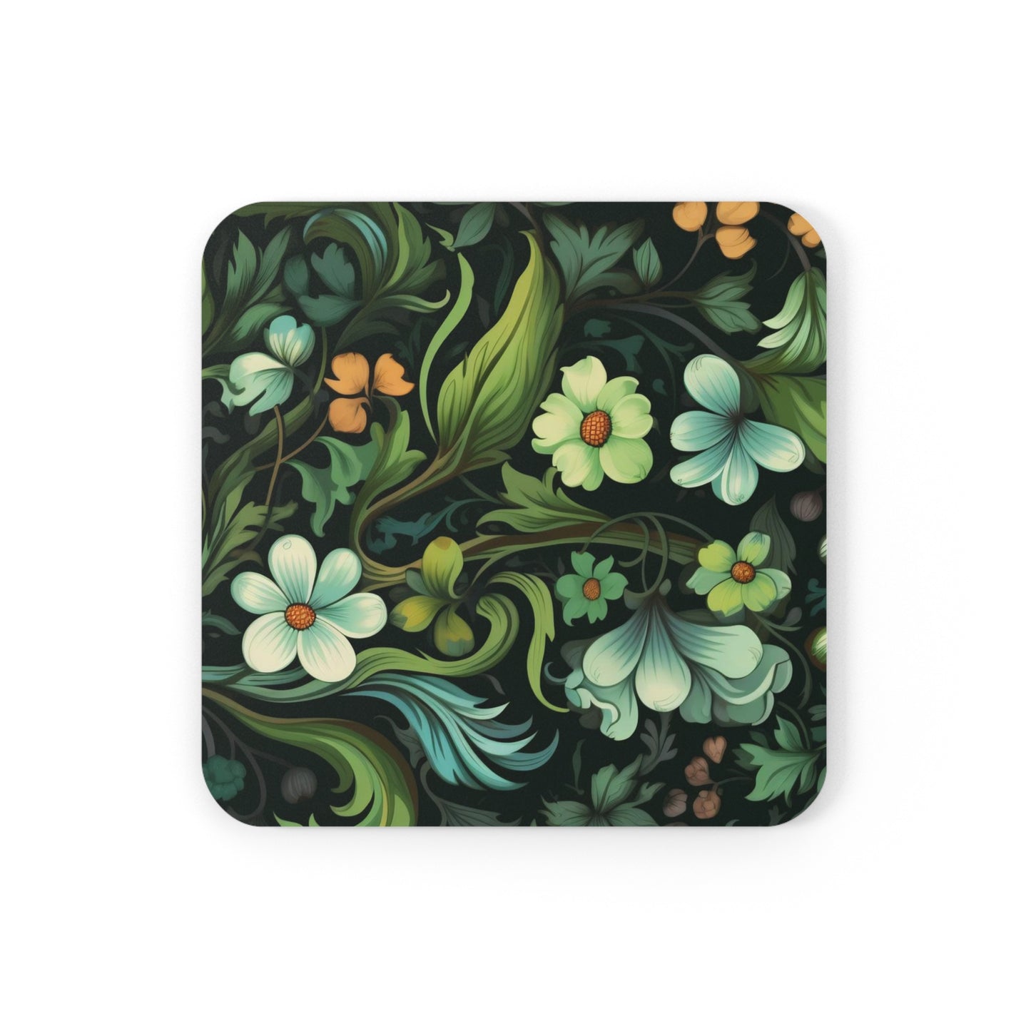 Enchanted Garden Coasters Set of 4, Green and Teal Floral Coffee Cup Mats, Cottagecore Coffee Table Decor, Housewarming Gift, Gift for Her
