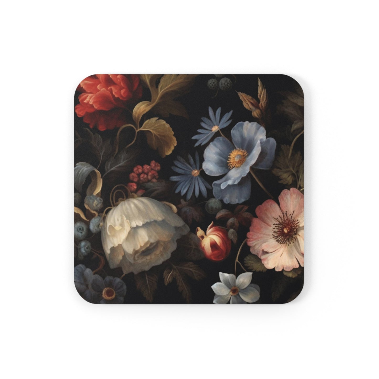 Dark Cottagecore Flowers Coaster Set of 4, Floral Coffee Cup Mats, Vintage Aesthetic Coffee Table Decor, Housewarming Gift, Gift for Her