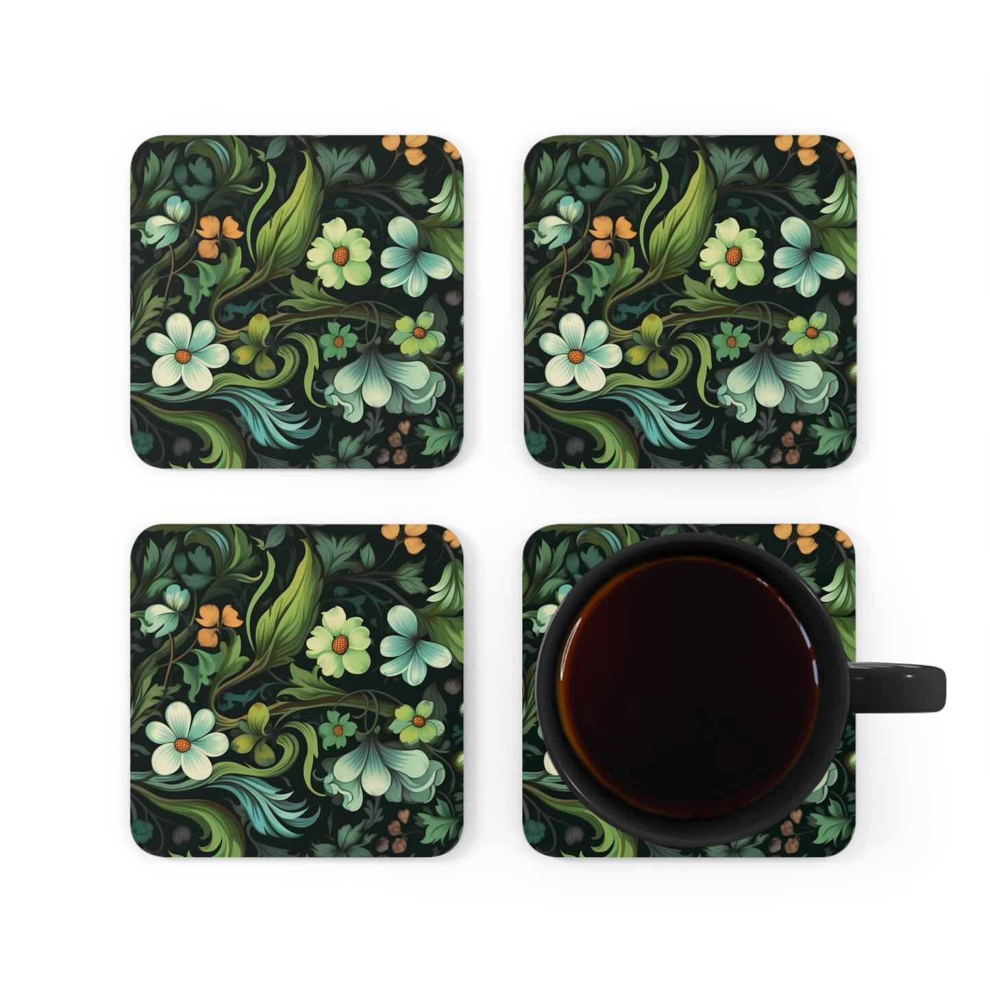 Enchanted Garden Coasters Set of 4, Green and Teal Floral Coffee Cup Mats, Cottagecore Coffee Table Decor, Housewarming Gift, Gift for Her