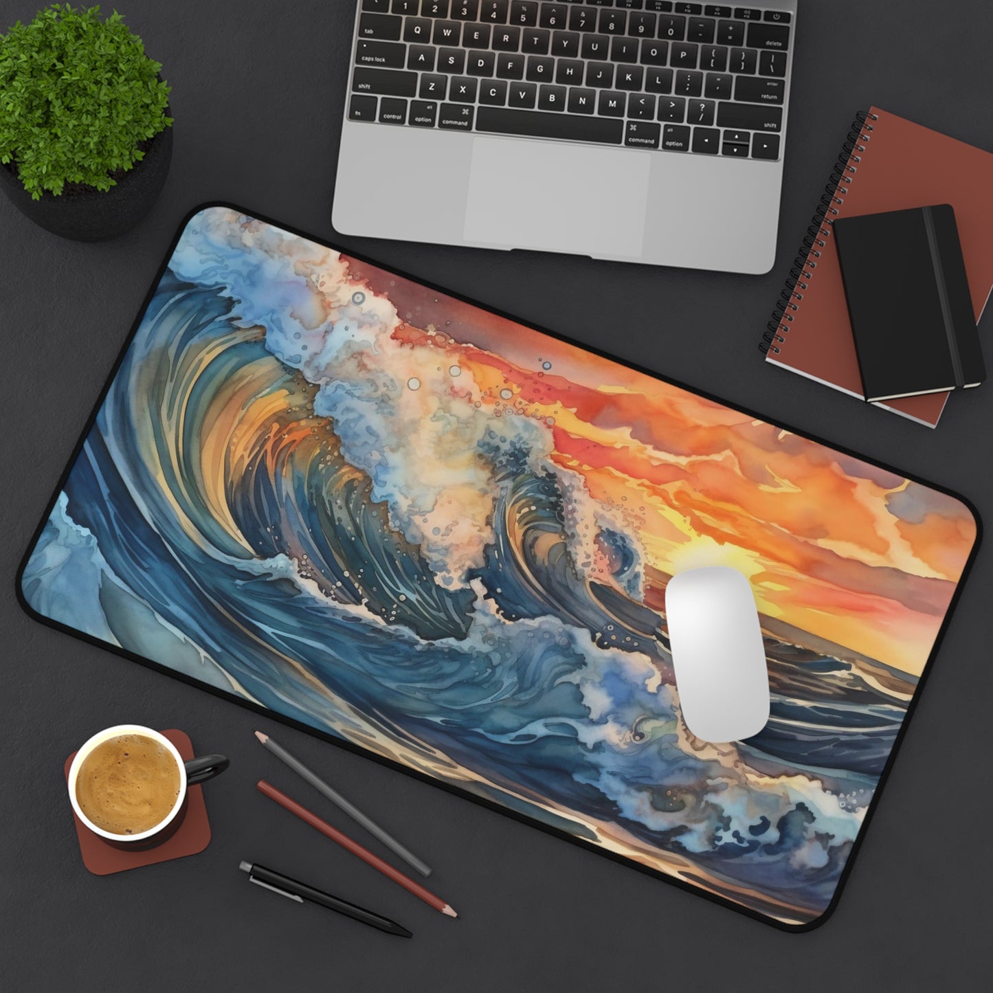 Watercolor Waves Desk Mat, Sunset Waves Desk Pad, Trendy Workspace, Ocean Waves Keyboard Mat, Extra Large Mouse Pad, Desk Accessory