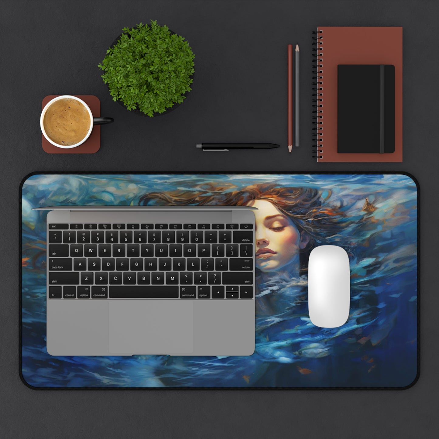 Mermaid Desk Mat, Water Lady Desk Pad, Underwater Beauty Painting Mouse Pad, D&D Fantasy Dice Mat, Large Keyboard Mat, Desk Accessory