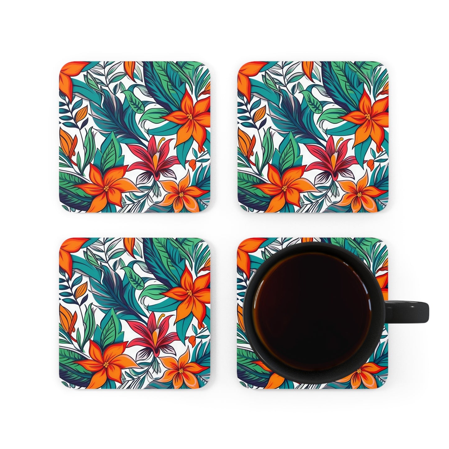 Vibrant Floral Coaster Set of 4, Tropical Coasters, Hawaiian Coasters, Coffee Table Decor, Drink Coaster, Cork Bottom, Housewarming Gift
