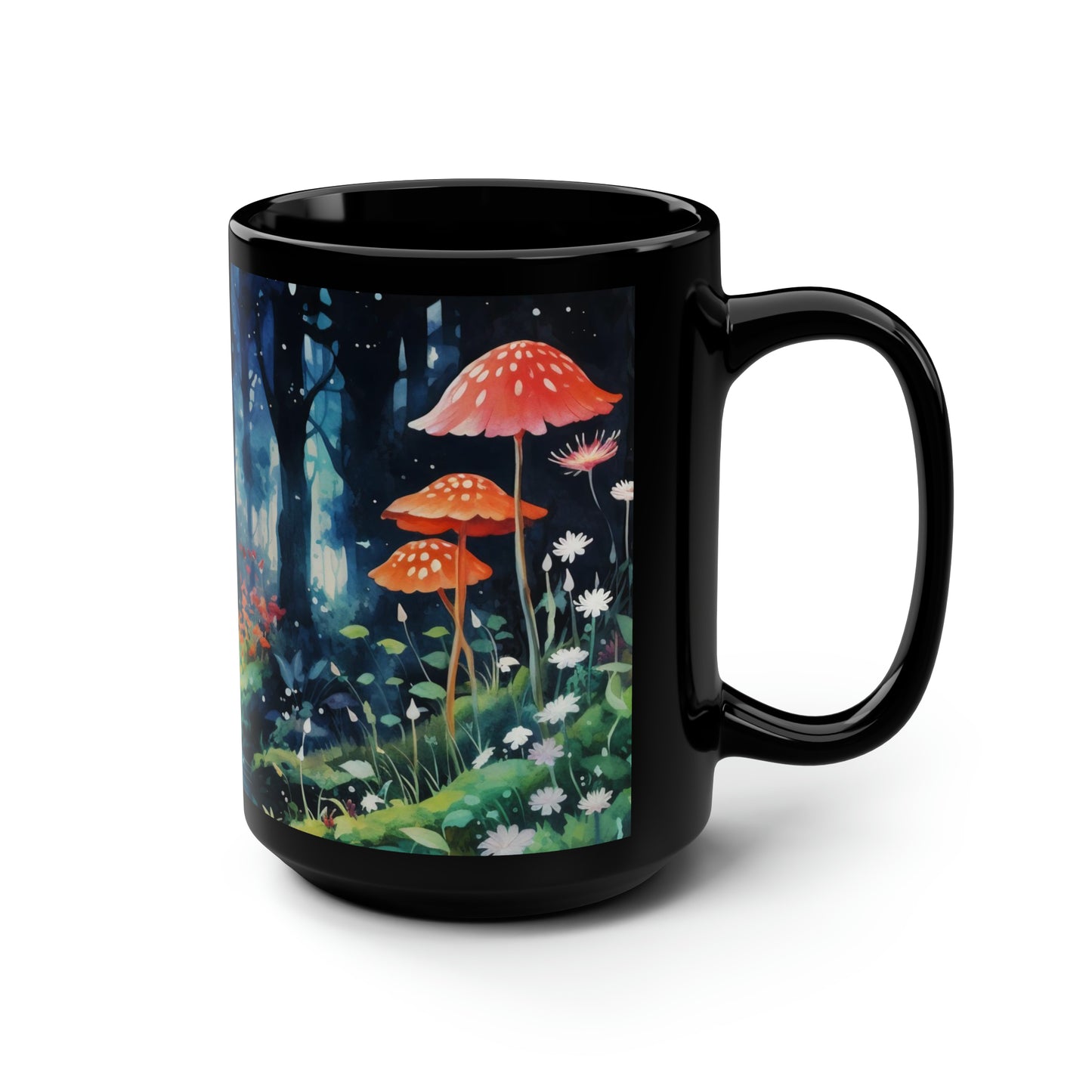 Fantasy Forest Mug, Whimsical Watercolor Ceramic Mug 15oz, Trees Stream Flowers and Mushrooms Coffee Cup, Vibrant Tea Cup
