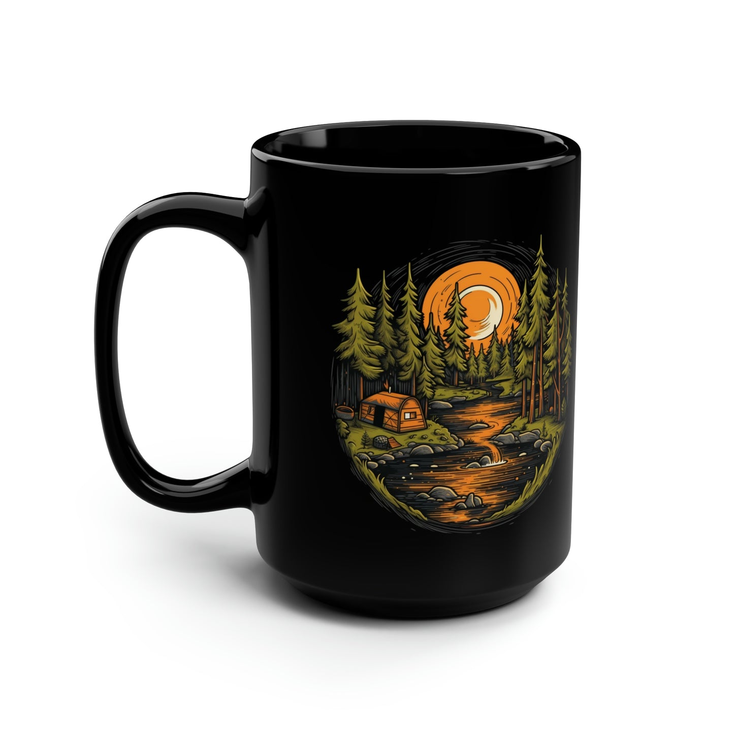 Camping Mug, Campfire Coffee Cup, Tent in Woods by Babbling Brook with Orange Moon Glow, Camp Gift, Ceramic Mug 15oz, Camp Mug, Camp Tea Cup