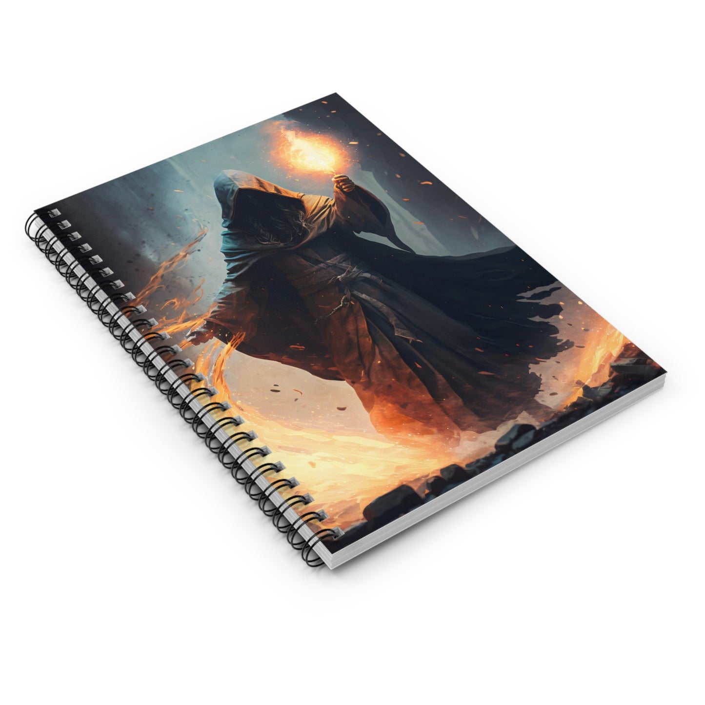 DnD Campaign Journal, Robed Wizard Casting a Fire Spell Spiral Notebook, Ruled Line, Tabletop Gaming Character Notepad, Pathfinder Journal