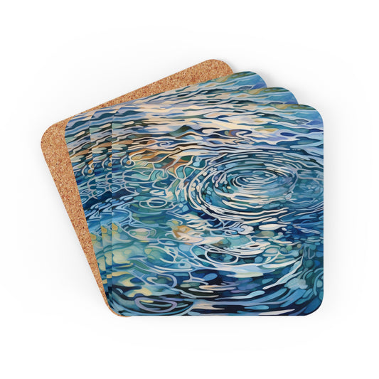 Water Ripples Coasters Set of 4, Watercolor Water Coffee Table Decor, Square Coasters, Drink Coasters, Cork Bottom, Housewarming Gift