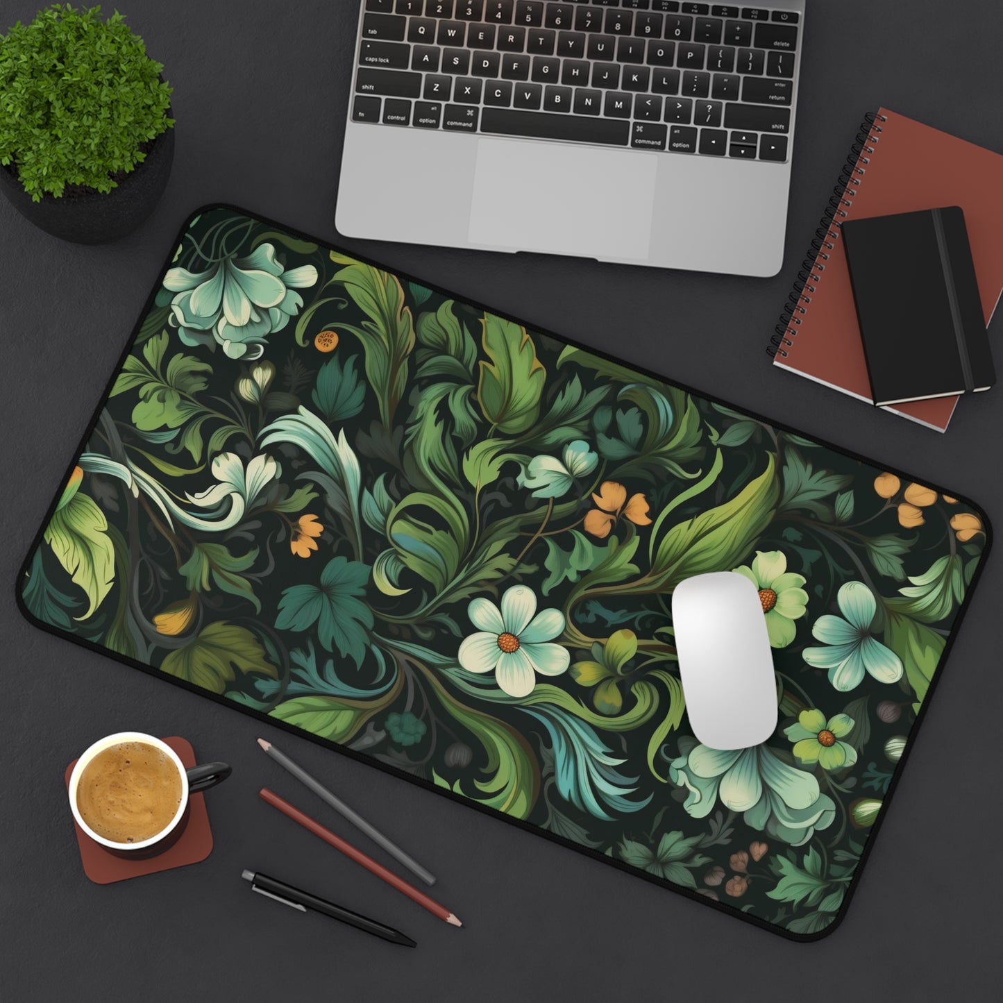 Enchanted Garden Desk Mat, Tranquil Teal Flowers and Green Leaves Desk Pad, Floral Mouse Pad, Cottagecore Keyboard Mat, Botanical Desk Decor