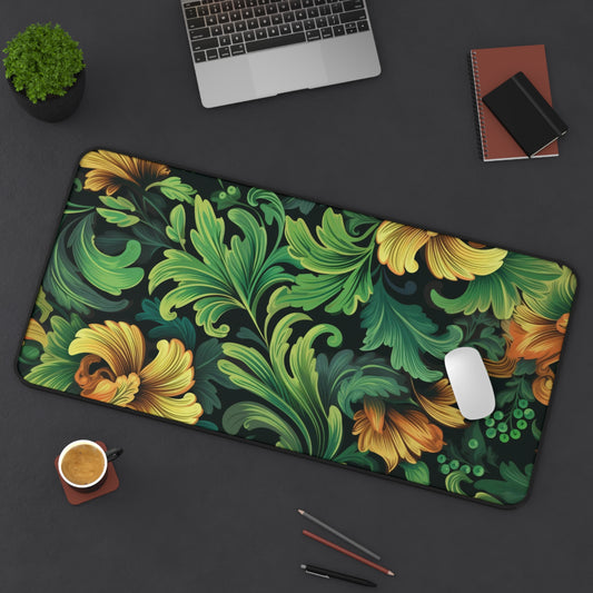 Tropical Oasis Desk Mat, Lush Green Leaves and Orange Flowers Desk Pad, Floral Mouse Pad, Garden Keyboard Mat, Plant Desk Decor
