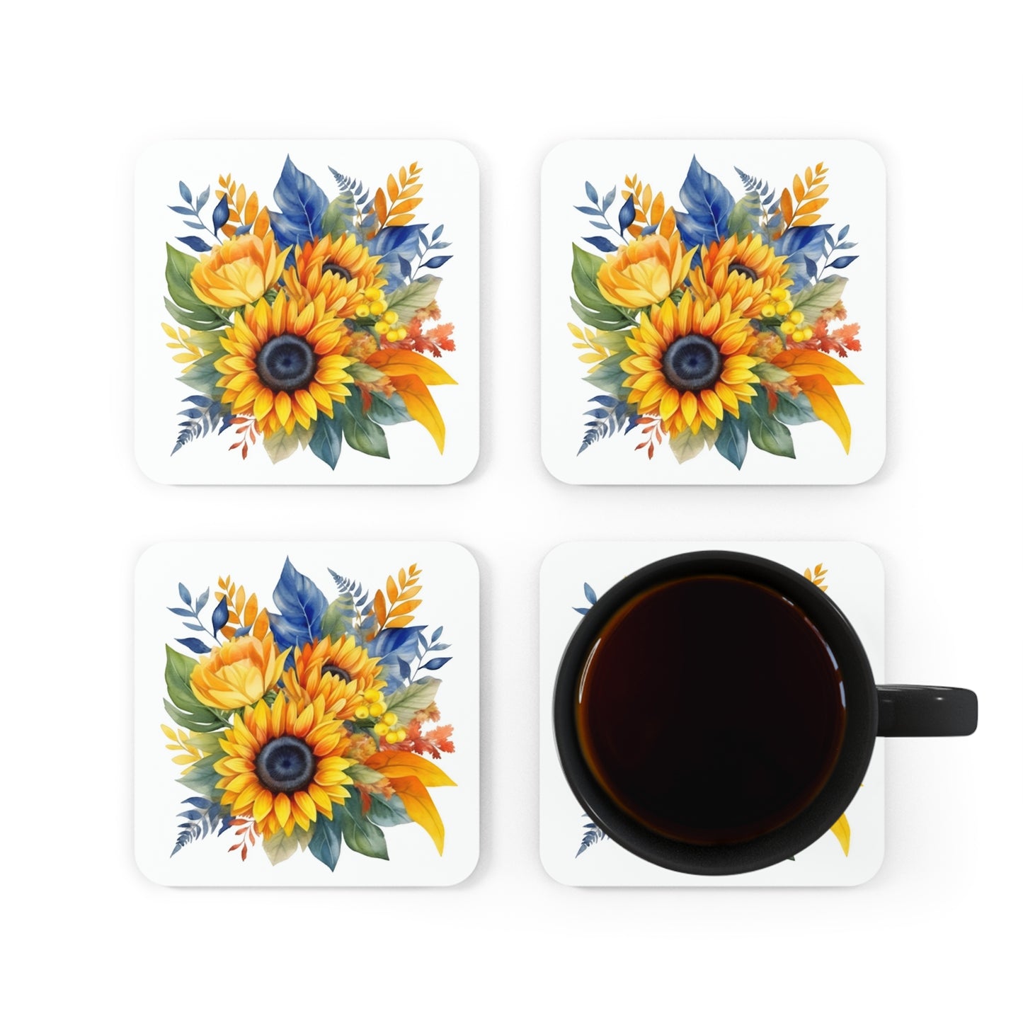 Sunflower Coaster Set of 4, Watercolor Sunflowers Coasters, Floral Square Drink Coasters, Nature Coasters, Cork Bottom, Housewarming Gift