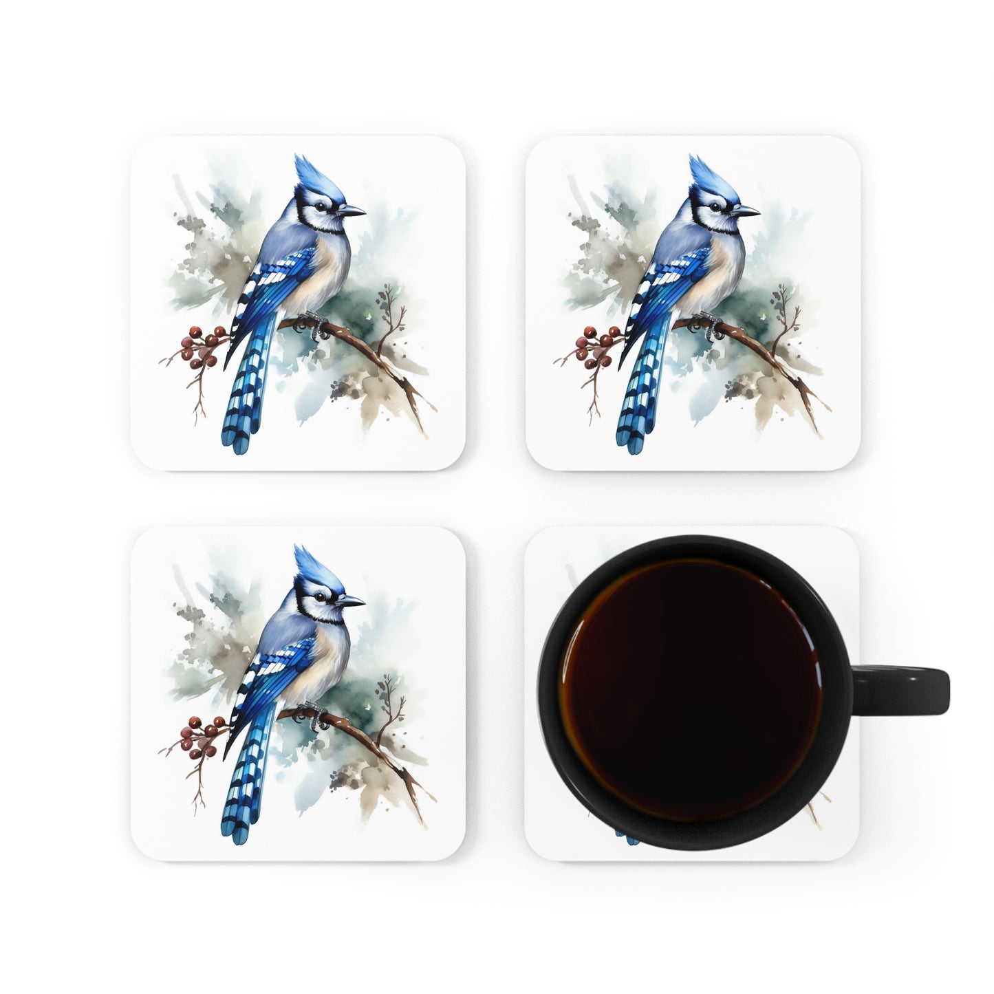 Watercolor Blue Jay Coaster Set of 4, Coffee Table Decor, Square Bird Coasters, Drink Coaster, MDF Top, Cork Bottom, Housewarming Gift