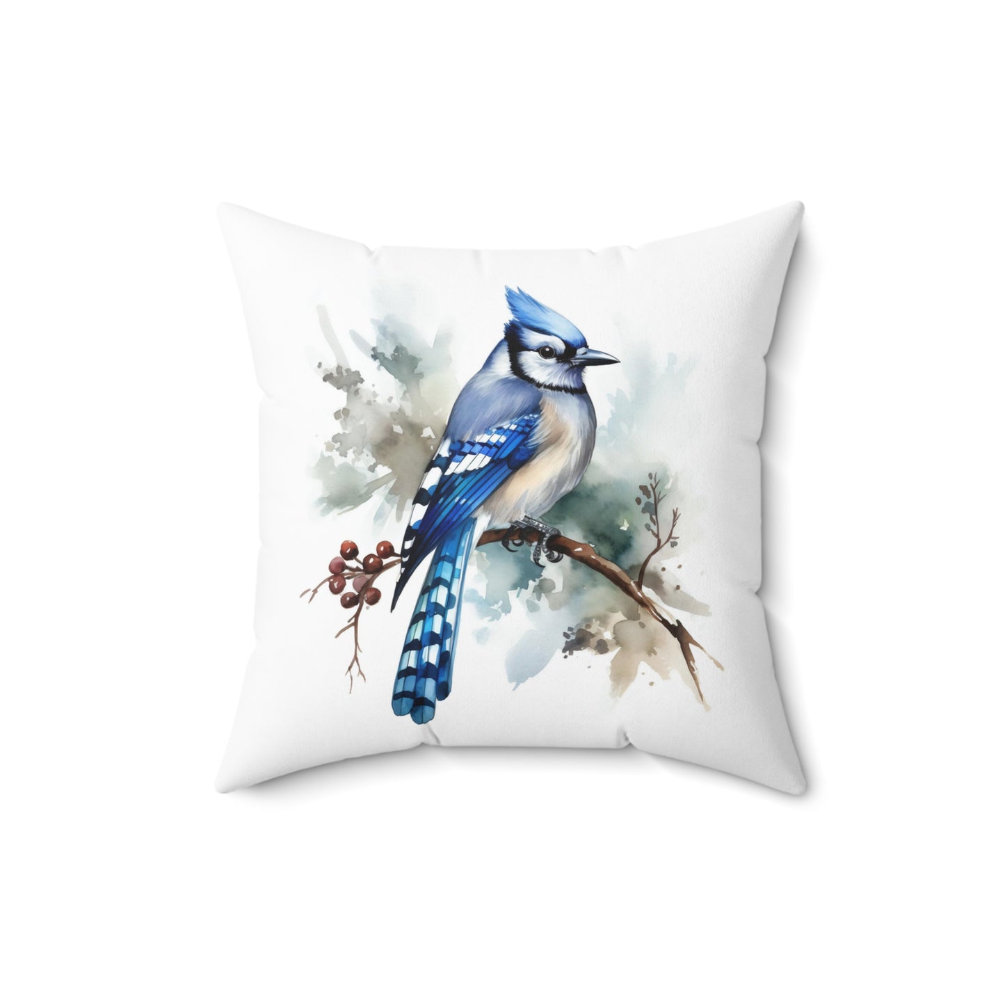 Blue Jay Throw Pillow, Watercolor Blue Jay Decorative Pillow, Square Bird Cushion, Double Sided Accent Pillow, Concealed Zipper