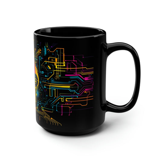 Cyberpunk Mug, Yellow Blue and Pink Circuit Board Ceramic Mug 15oz, Robotic Computer Gamer Mug, Tech Coffee Cup, Sci-Fi Tea Mug