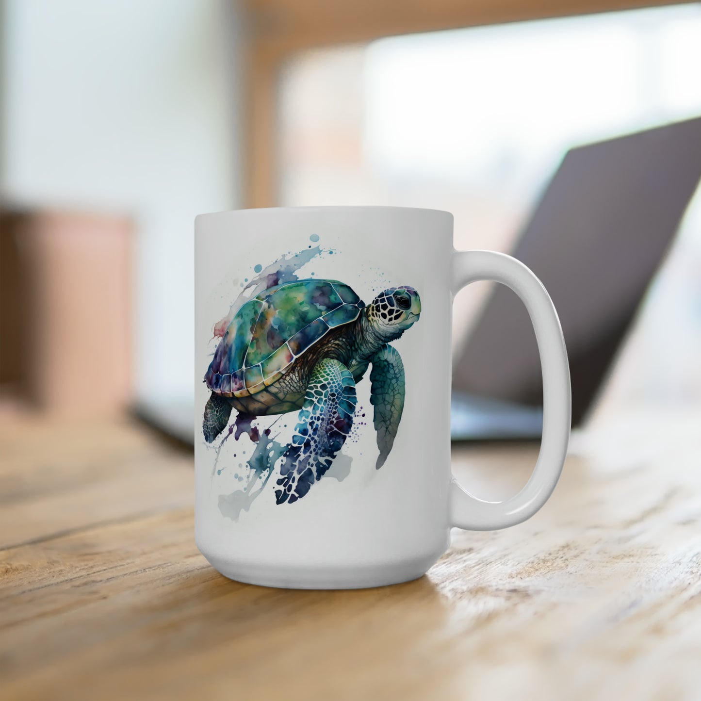 Sea Turtle Ceramic Mug 15oz, Watercolor Sea Turtle Coffee Cup, Nautical Tea Mug, Ocean Lover Mug