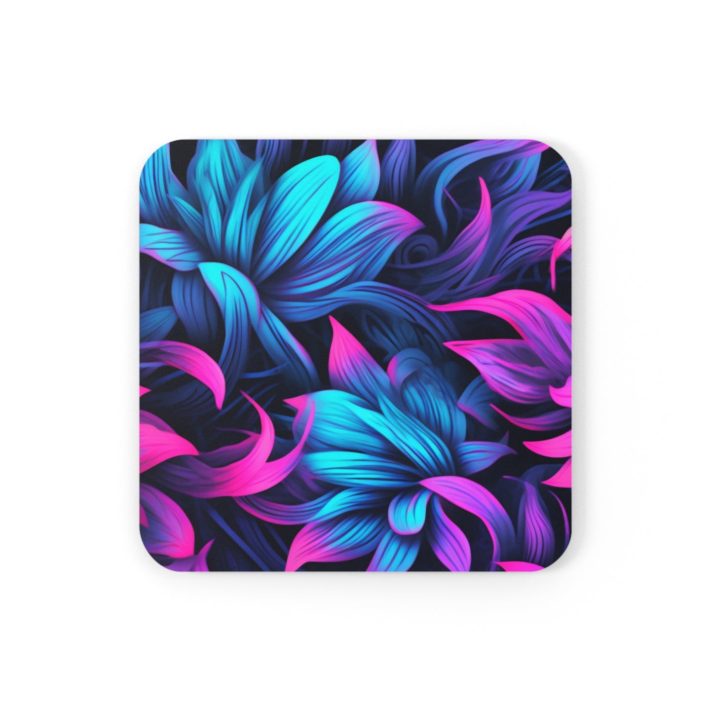 Synthwave Flowers Coaster Set of 4, Vaporwave Retro 80s Floral Coffee Cup Mats, Neon Pink Blue Coffee Table Decor, Groovy Vibrant Coasters