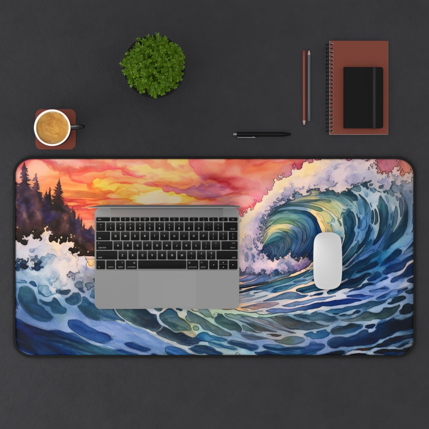 Sunset Waves Desk Mat, Watercolor Coastal Waves Desk Pad, Trendy Workspace, Ocean Waves Keyboard Mat, Extra Large Mouse Pad, Desk Accessory