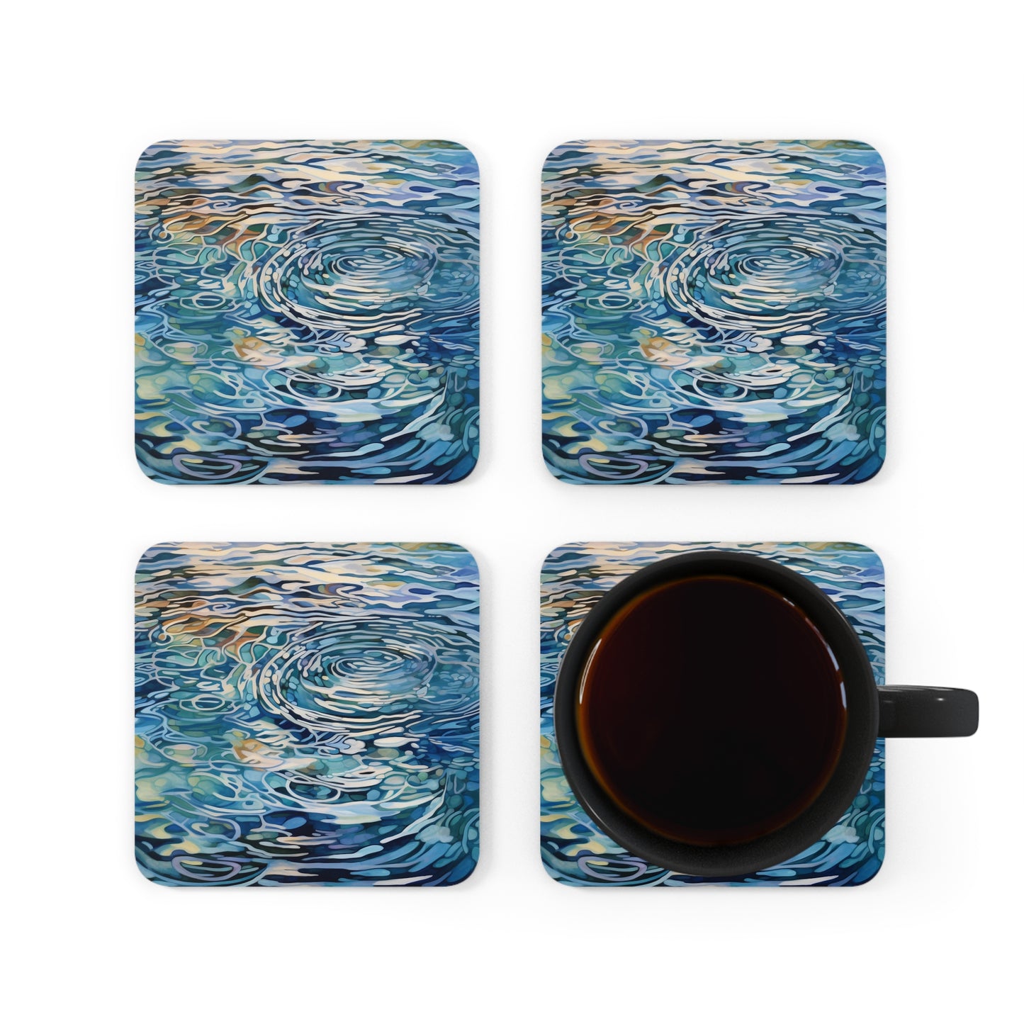 Water Ripples Coasters Set of 4, Watercolor Water Coffee Table Decor, Square Coasters, Drink Coasters, Cork Bottom, Housewarming Gift
