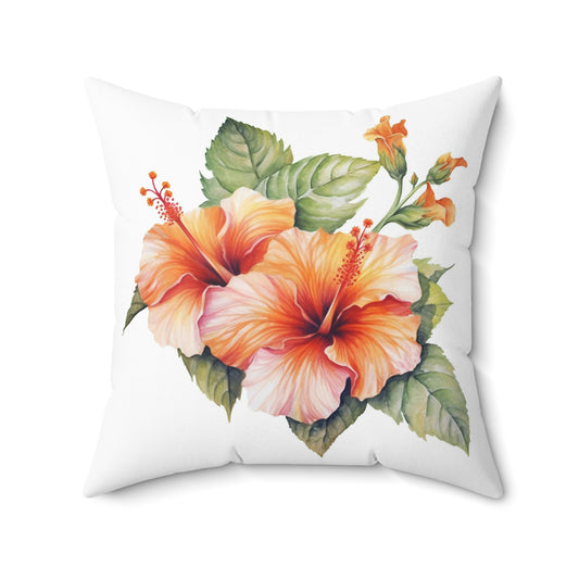 Hibiscus Throw Pillow, Watercolor Hibiscus Decorative Pillow, Square Flower Cushion, Double Sided Orange Accent Pillow, Concealed Zipper