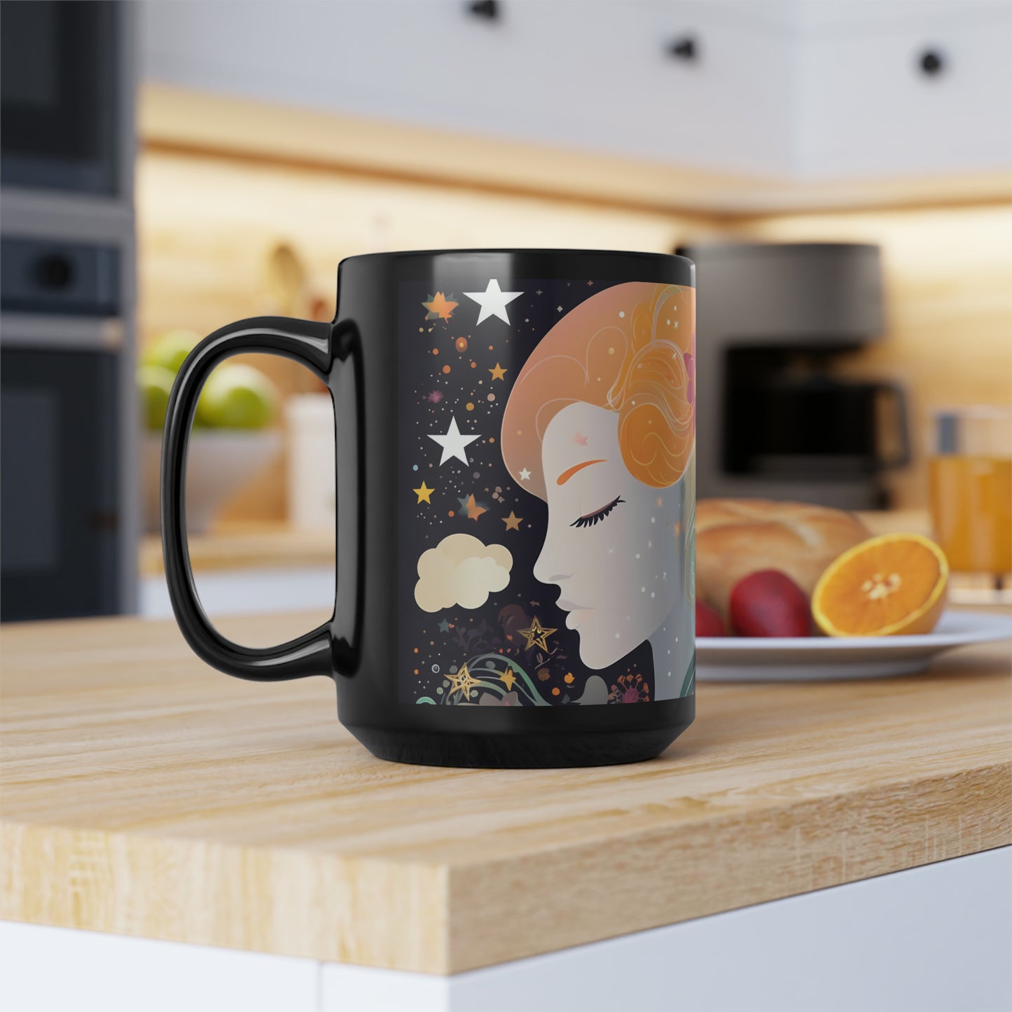 Sleepy Time Mug, Sleeping Lady with Stars and Flowers, Celestial Coffee Mug, Space Beauty Mug, Ceramic Mug 15oz