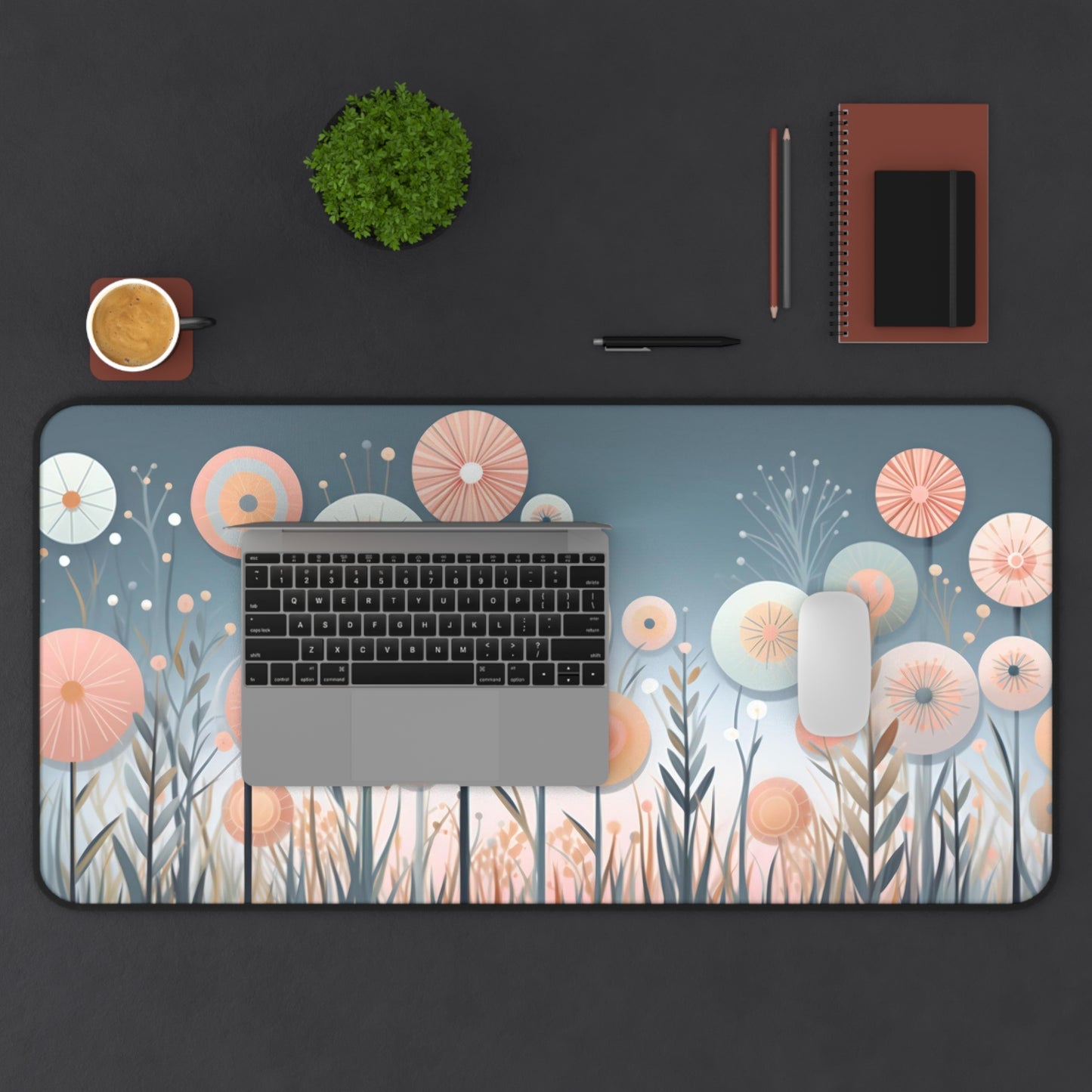 Pastel Whimsy Dandelions Desk Mat, Cute Desk Pad, Boho Floral Mouse Pad, Light Pink and Blue Desk Decor, Whimsical Workspace Accessory