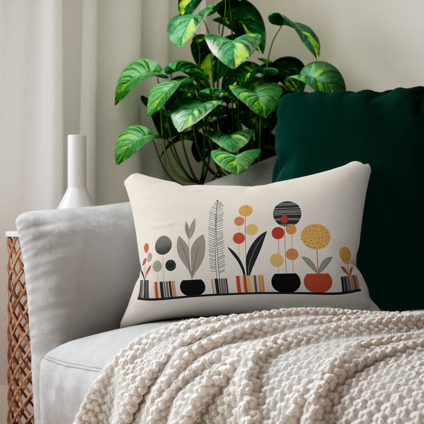 Minimalist Potted Plants Lumbar Pillow, Plant Lover Throw Pillow, Folk Art Plants Cushion, Simple Plants Decorative Pillow, Concealed Zipper
