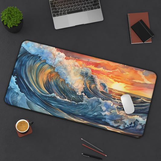 Watercolor Waves Desk Mat, Sunset Waves Desk Pad, Trendy Workspace, Ocean Waves Keyboard Mat, Extra Large Mouse Pad, Desk Accessory
