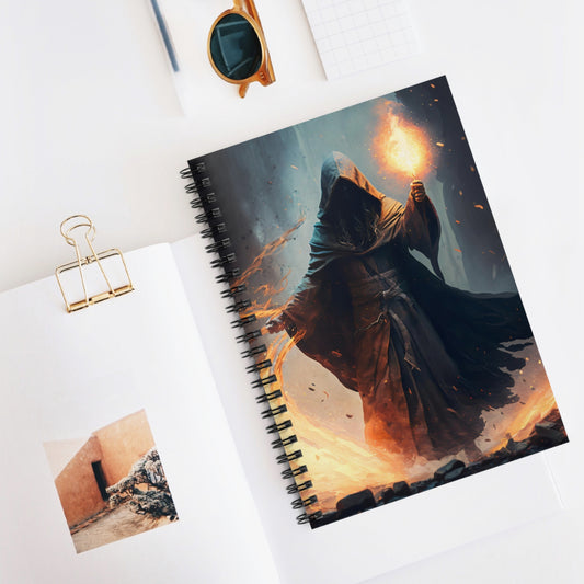 DnD Campaign Journal, Robed Wizard Casting a Fire Spell Spiral Notebook, Ruled Line, Tabletop Gaming Character Notepad, Pathfinder Journal