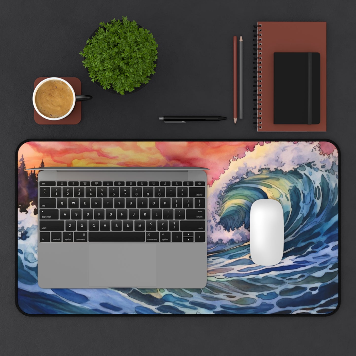Sunset Waves Desk Mat, Watercolor Coastal Waves Desk Pad, Trendy Workspace, Ocean Waves Keyboard Mat, Extra Large Mouse Pad, Desk Accessory