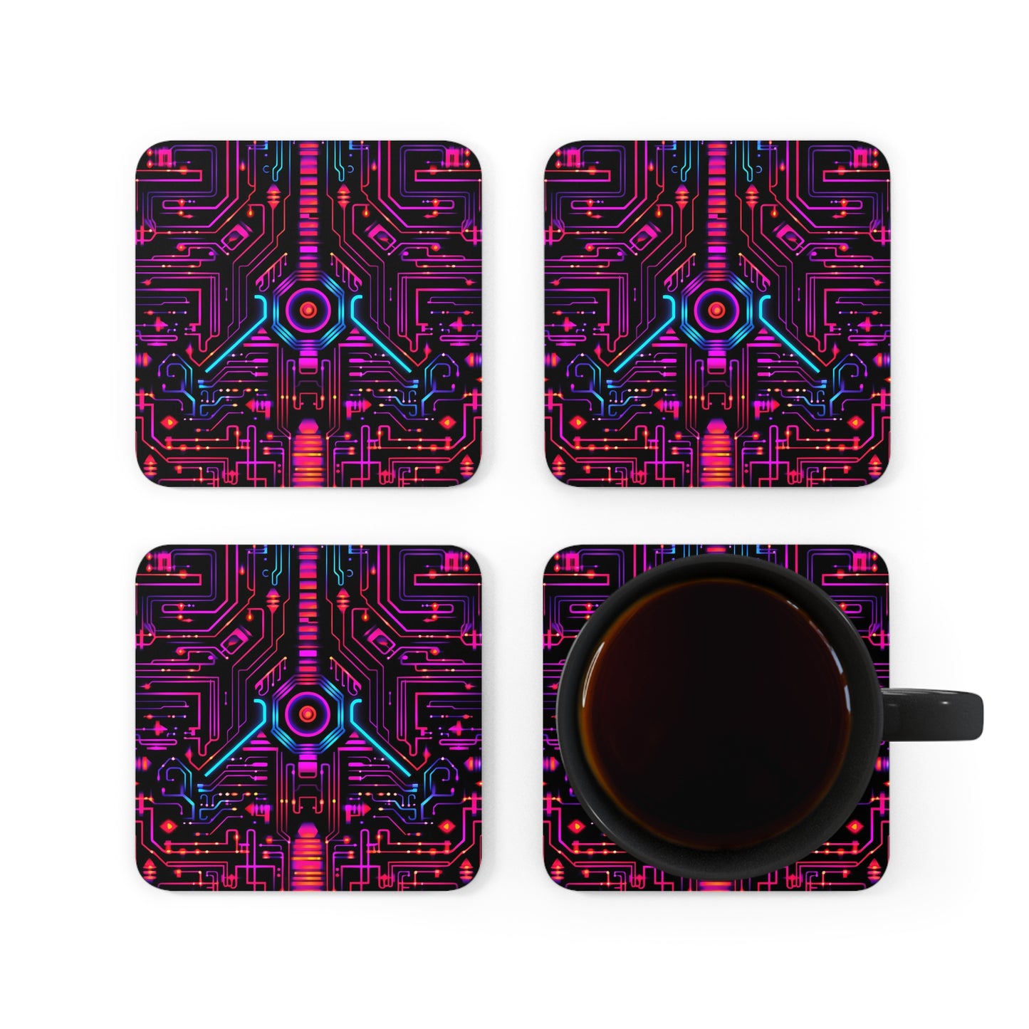 Cyberpunk Circuit Board Coaster Set of 4, Tech Coffee Table Decor, Futuristic Square Drink Coasters, MDF Top, Cork Bottom, Housewarming Gift