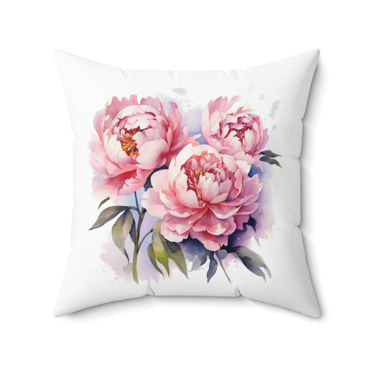 Peonies Pillow, Pink Flowers Throw Pillow, Watercolor Peonies Decorative Pillow, Square Floral Cushion, Pink Accent Pillow, Concealed Zipper