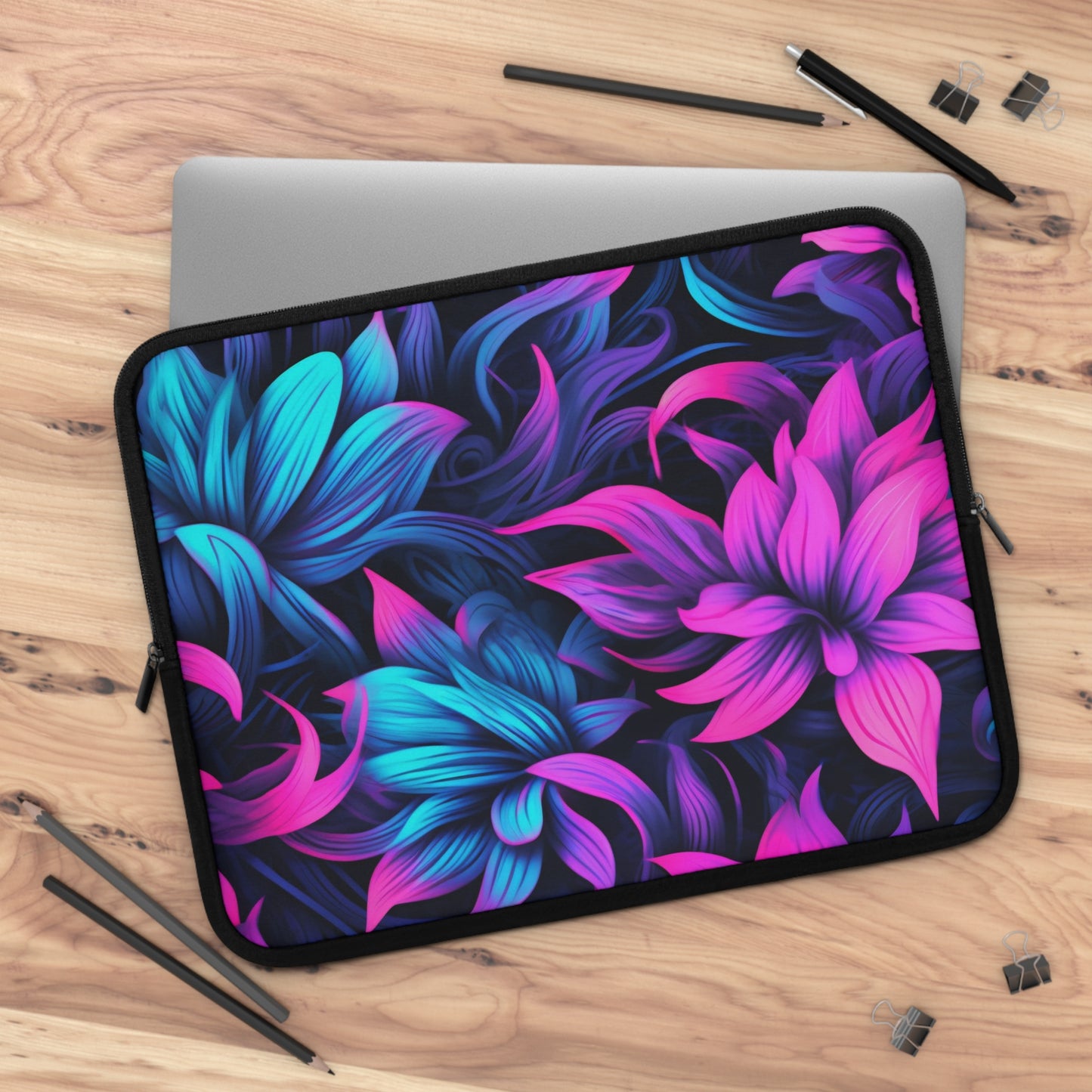 Synthwave Flowers Laptop SleeveNeon Synthwave Flowers Laptop Sleeve, Vaporwave Tablet Sleeve, Pink and Blue Retro iPad Cover, Floral Aesthetic MacBook Case, Laptop Bag
