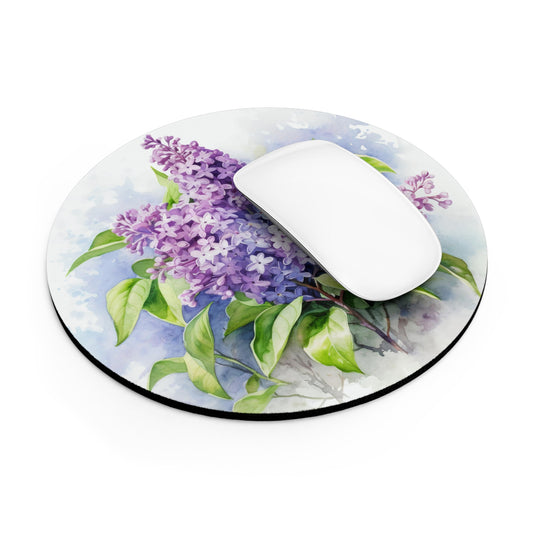 Lilac Blossoms Mouse Pad, Purple Home Office Desk Decor, Round Mousepad with Watercolor Lilac Flowers, Calming Workspace Accessory