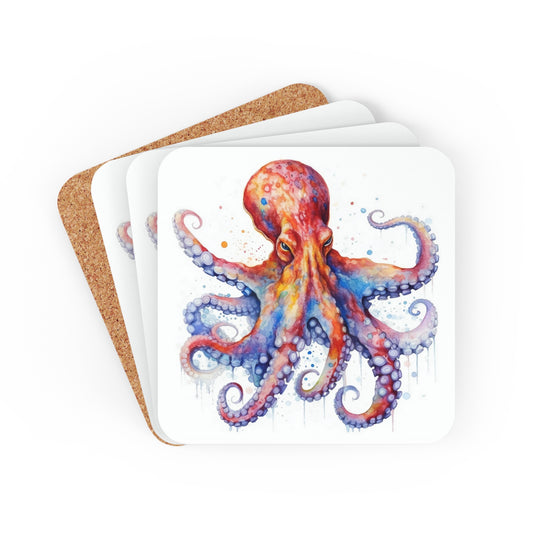 Watercolor Octopus Coaster Set of 4, Nautical Coasters, Sea Animal Coasters, Coffee Table Decor, Square Coasters, Drink Coaster, Cork Bottom