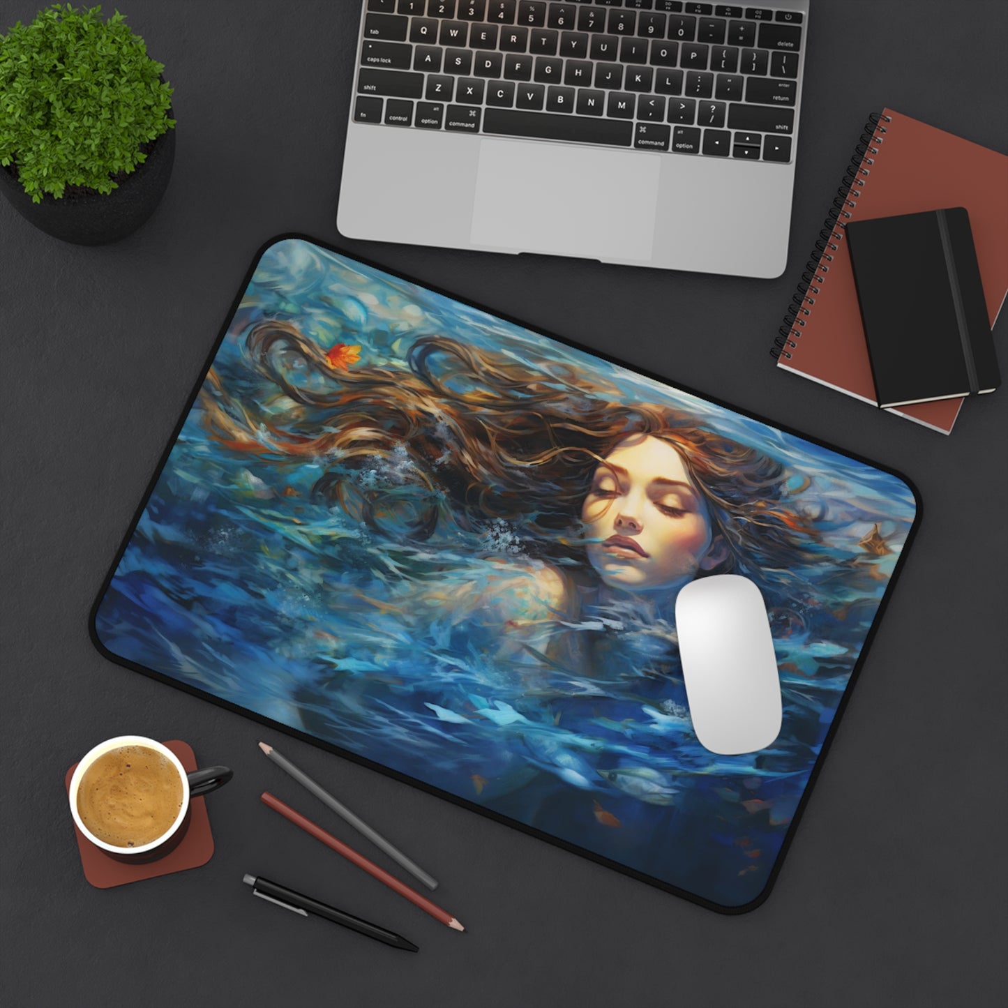 Mermaid Desk Mat, Water Lady Desk Pad, Underwater Beauty Painting Mouse Pad, D&D Fantasy Dice Mat, Large Keyboard Mat, Desk Accessory