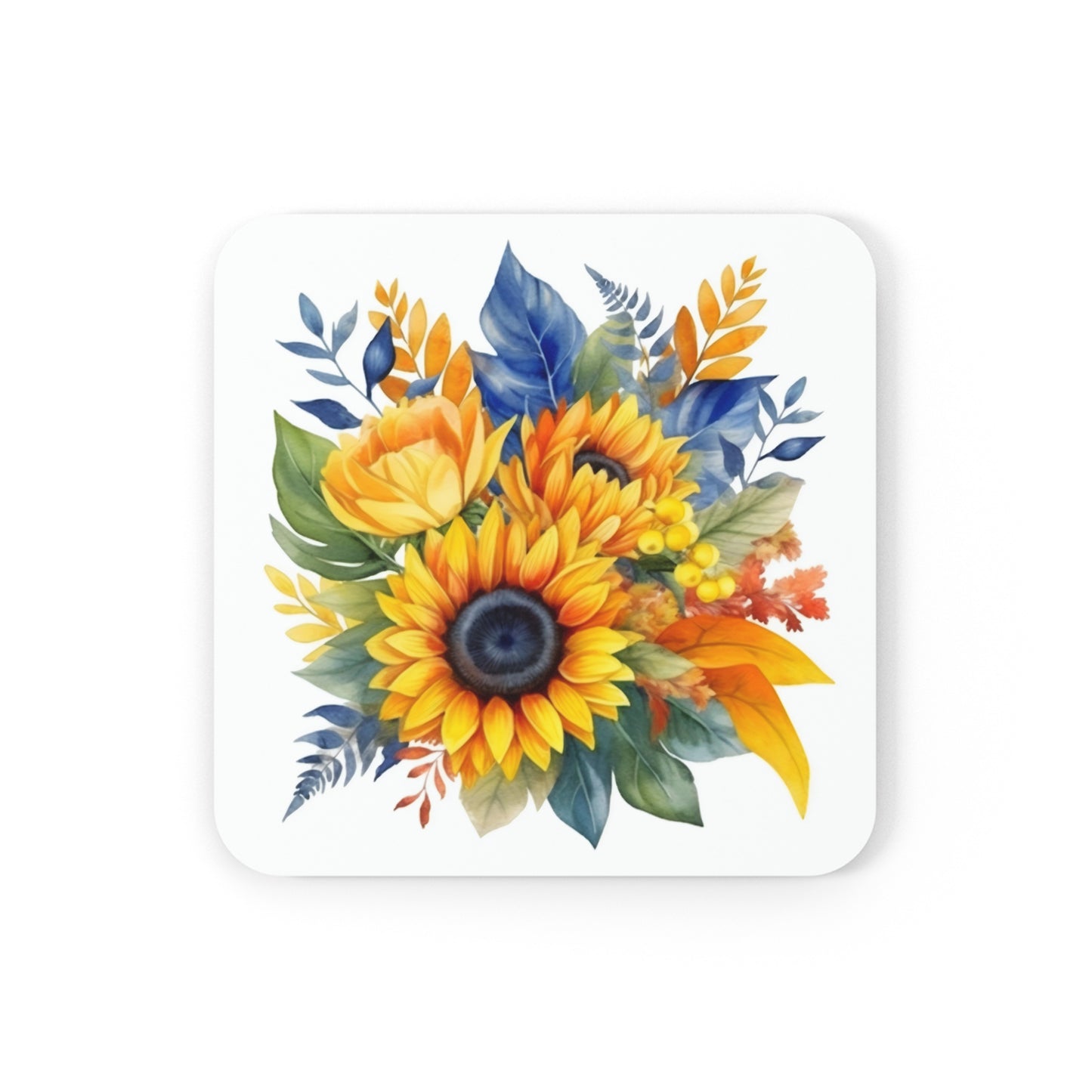 Sunflower Coaster Set of 4, Watercolor Sunflowers Coasters, Floral Square Drink Coasters, Nature Coasters, Cork Bottom, Housewarming Gift