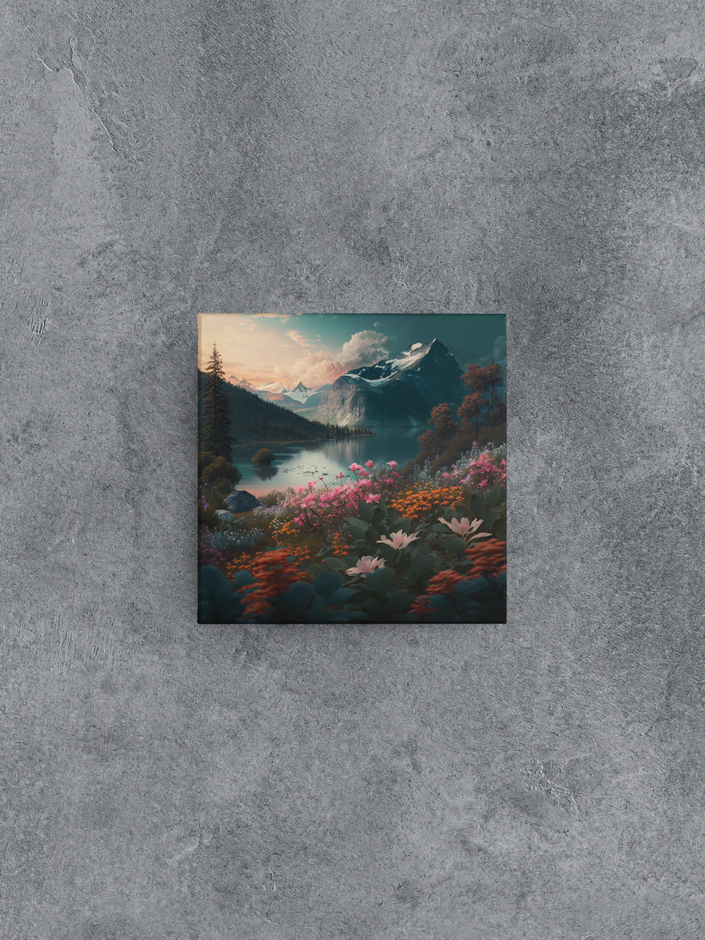 Beauty of Nature Canvas Wall Art, Calm Nature Landscape Stretched Canvas Print, Serene Mountain Lake with Flowers Canvas Art