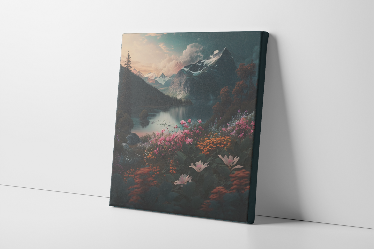 Beauty of Nature Canvas Wall Art, Calm Nature Landscape Stretched Canvas Print, Serene Mountain Lake with Flowers Canvas Art