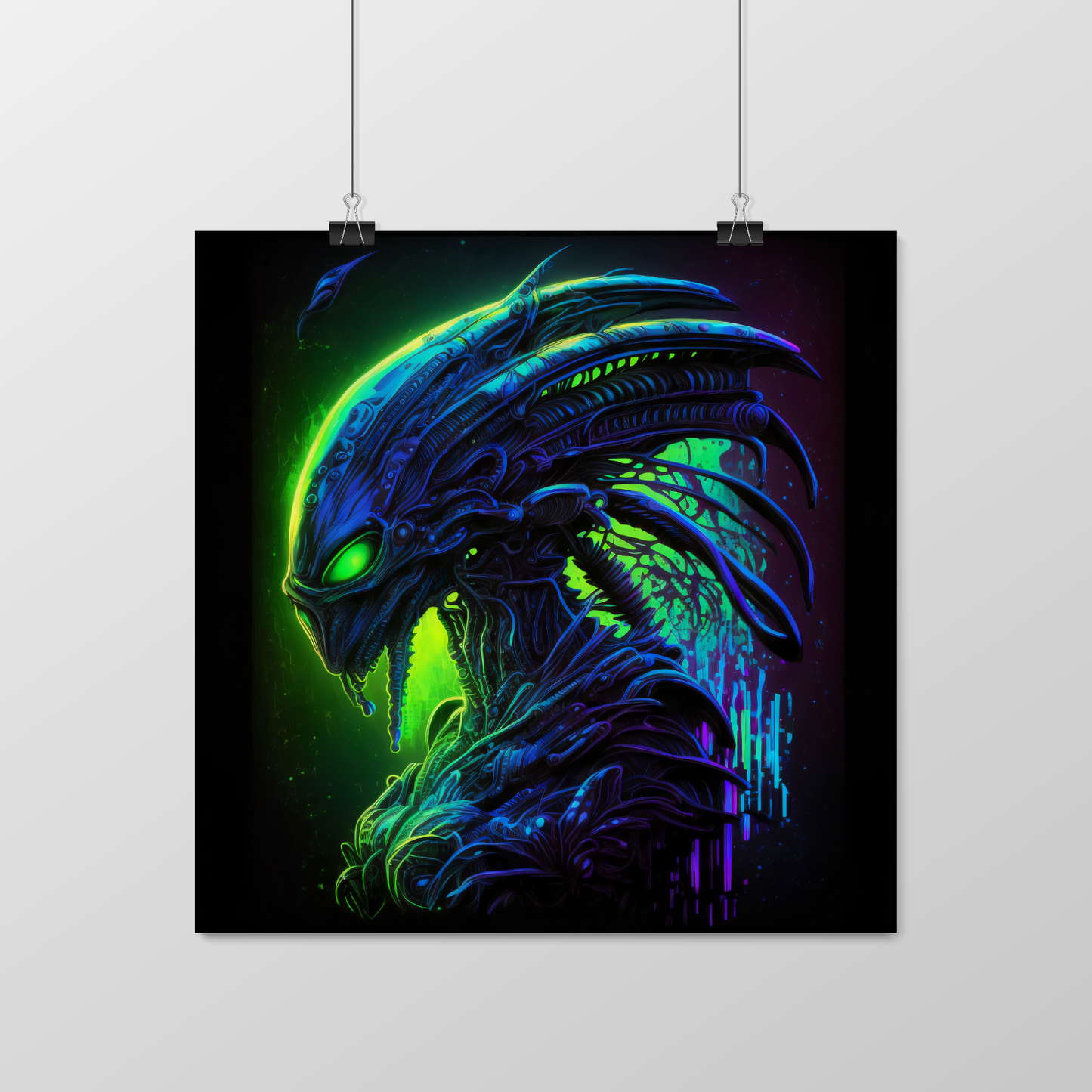 Black Light Alien Poster, Neon Robotic Alien, Glowing Alien Head, Sci-Fi Square Matte Poster, Black and Green Alien Poster