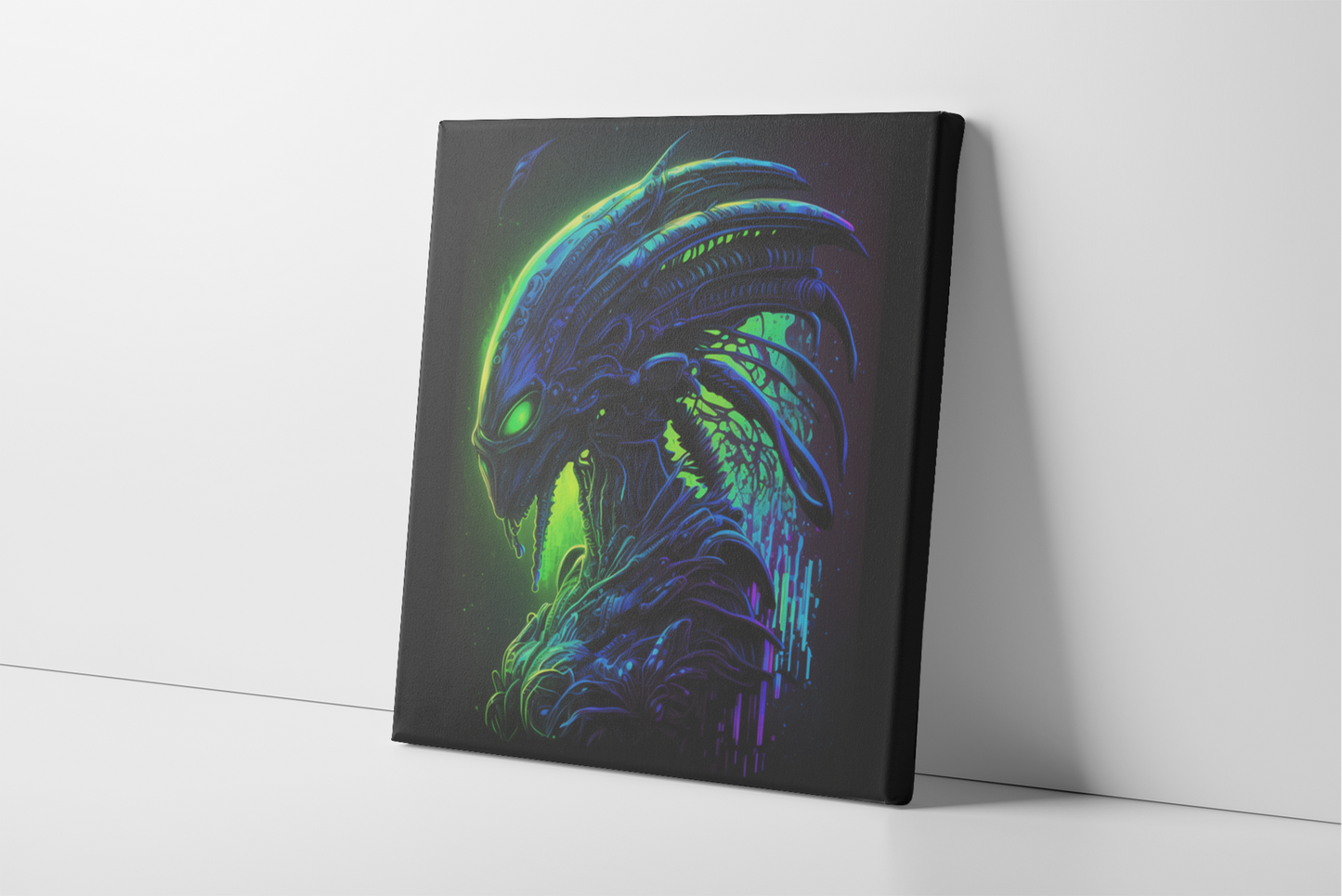Black Light Alien Canvas Wall Art, Neon Robotic Alien Canvas Painting, Glowing Alien Head Canvas, Sci-Fi Alien Canvas Print
