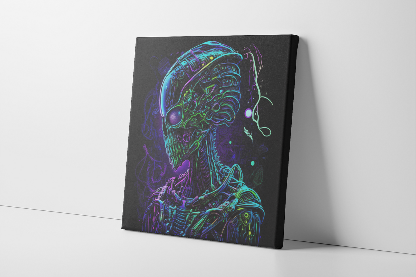 Black Light Robotic Alien Canvas Wall Art, Neon Alien Canvas Painting, Glowing Alien Painting on Black Background, Alien Skull Art